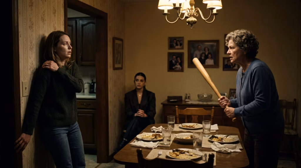 A woman recoils in pain near a doorway as an older woman raises a baseball bat in a tense dining room confrontation while a third woman watches silently from the table.
