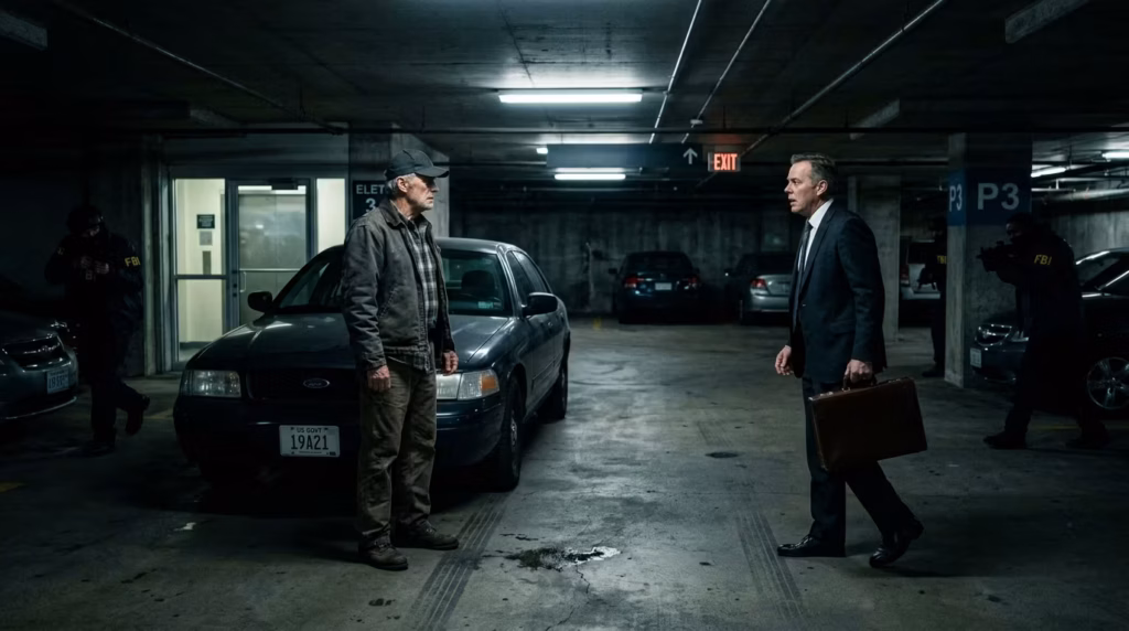 A weathered older man in work clothes stands calmly beside a government sedan in a shadowy parking garage as a suited official steps from an elevator and freezes in sudden, terrified recognition.
