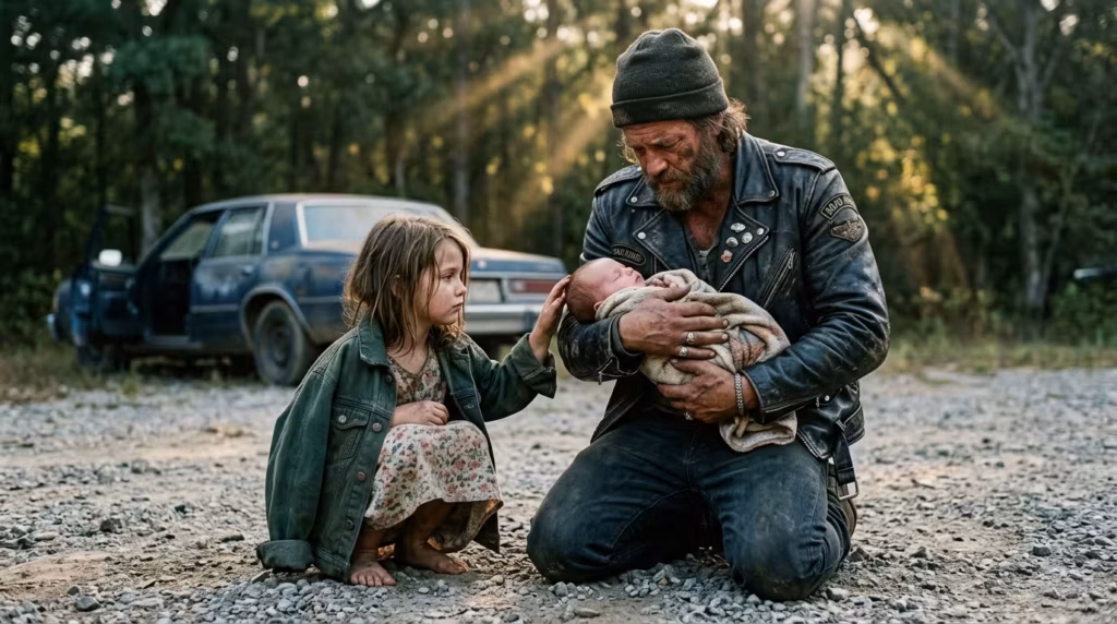 She Walked Barefoot Across a Parking Lot to Save Her Baby Brother — What the Biker Found in That Car Changed Everything A biker in a leather jacket holds an infant while a young barefoot girl reaches up to touch her baby brother's hand in a rural parking lot at dawn.
