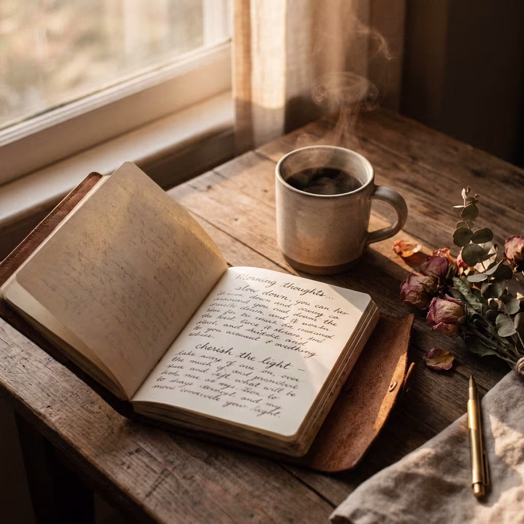 A warm flat-lay of an open notebook, handwritten letters, a steaming coffee mug, dried flowers, and small everyday objects arranged on a linen surface in soft golden light, representing stories from all walks of life.