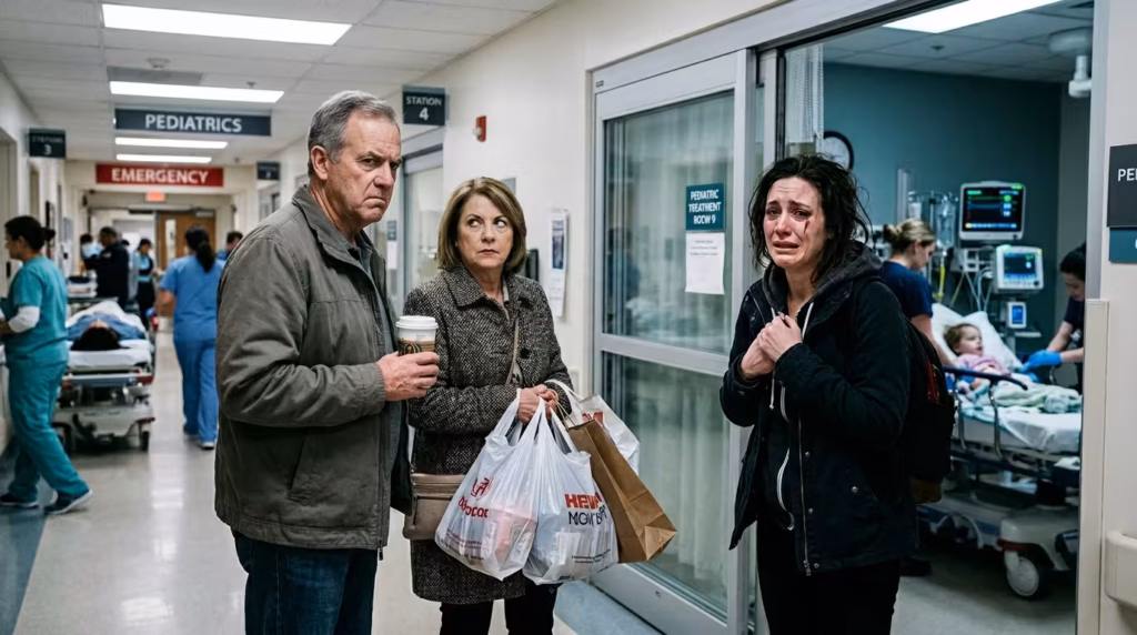 A young mother stands in a hospital corridor facing her older parents, who carry shopping bags and a coffee cup, her expression devastated as they appear unconcerned.