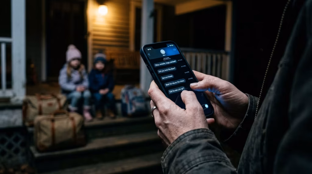 A mother's hands grip a smartphone showing fabricated text messages while her two children sit with packed suitcases on the porch steps behind her.