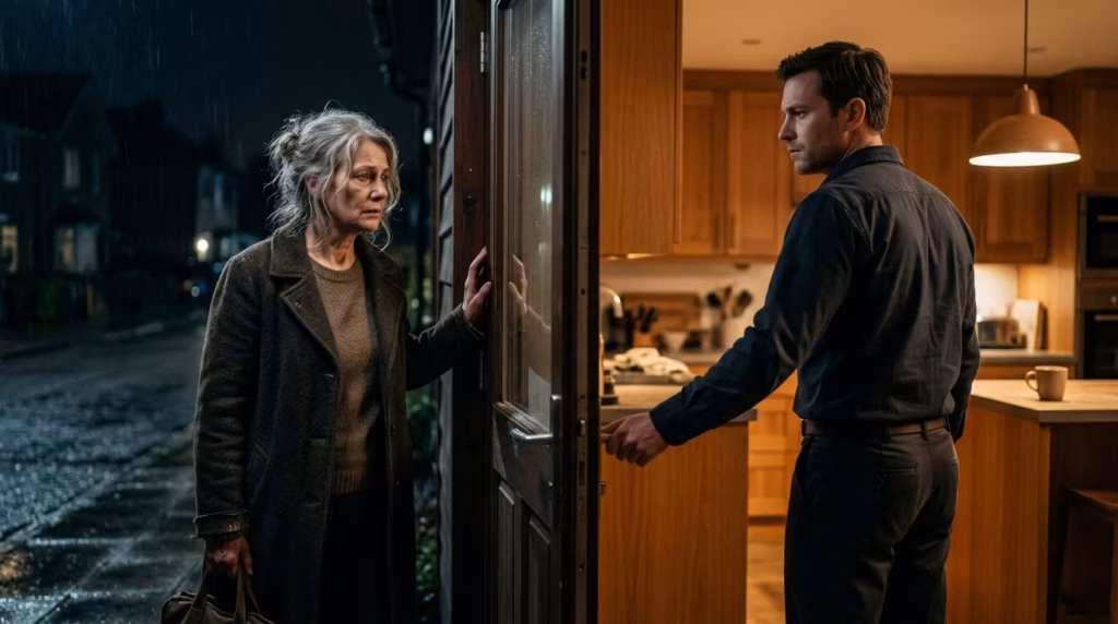 She Raised Him Through Poverty and Grief — Then Her Son Called Her an Embarrassment and Shut the Door on Her Face An elderly mother stands at the open door of her son's home at night, her expression full of quiet grief as her son turns away from her in the warm-lit interior