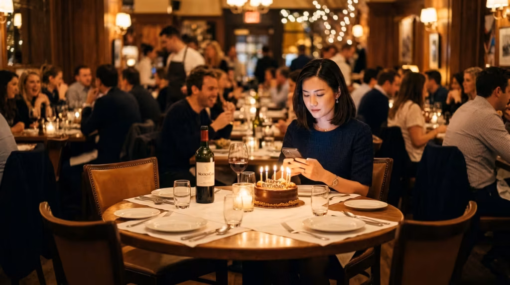 A woman sits alone at a candlelit restaurant table with four empty chairs around her and a small birthday cake in front of her, looking quietly at her phone.