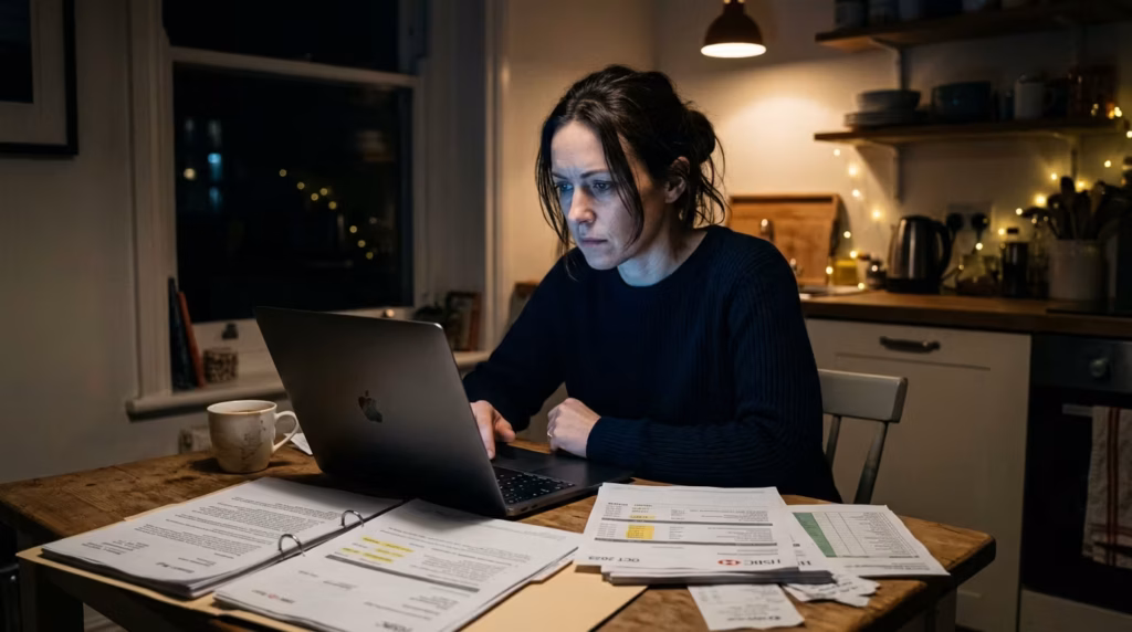 A woman sits alone late at night at a kitchen table, her face lit by a laptop screen as she reads through financial documents that reveal her husband's hidden debts and deception.