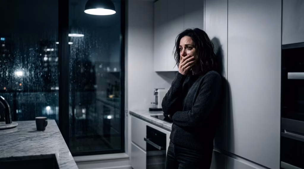 A woman stands pressed against kitchen cabinets at night, expression caught between shock and recognition, city lights blurring through rain-streaked windows behind her.