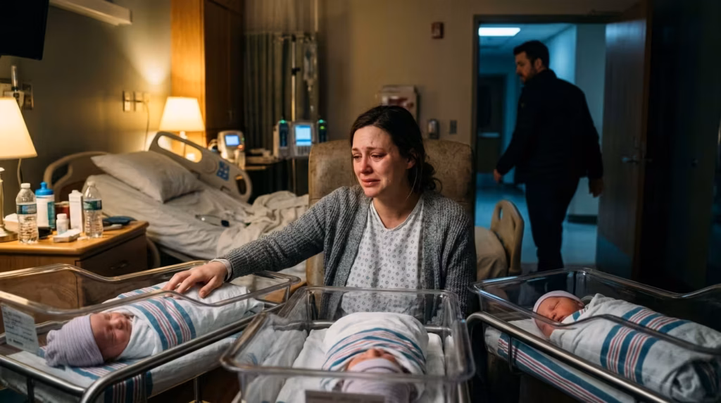 A tearful mother sits surrounded by three newborn babies in a hospital room while her husband's figure retreats toward the door in the background.